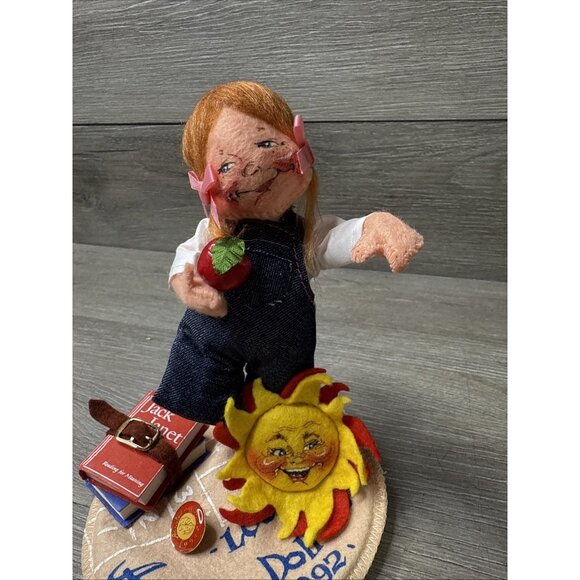 Annalee Doll Society Logo 1992 School Girl Denim Overalls Books Apple Sun Pin - Picture 2 of 12